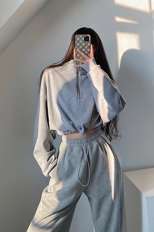 

WOMENGAGA Turtleneck Zipper Loose Slim Short Drawstring Navel Long Sleeve Plush Pullover Simple Sweatshirt FQB0