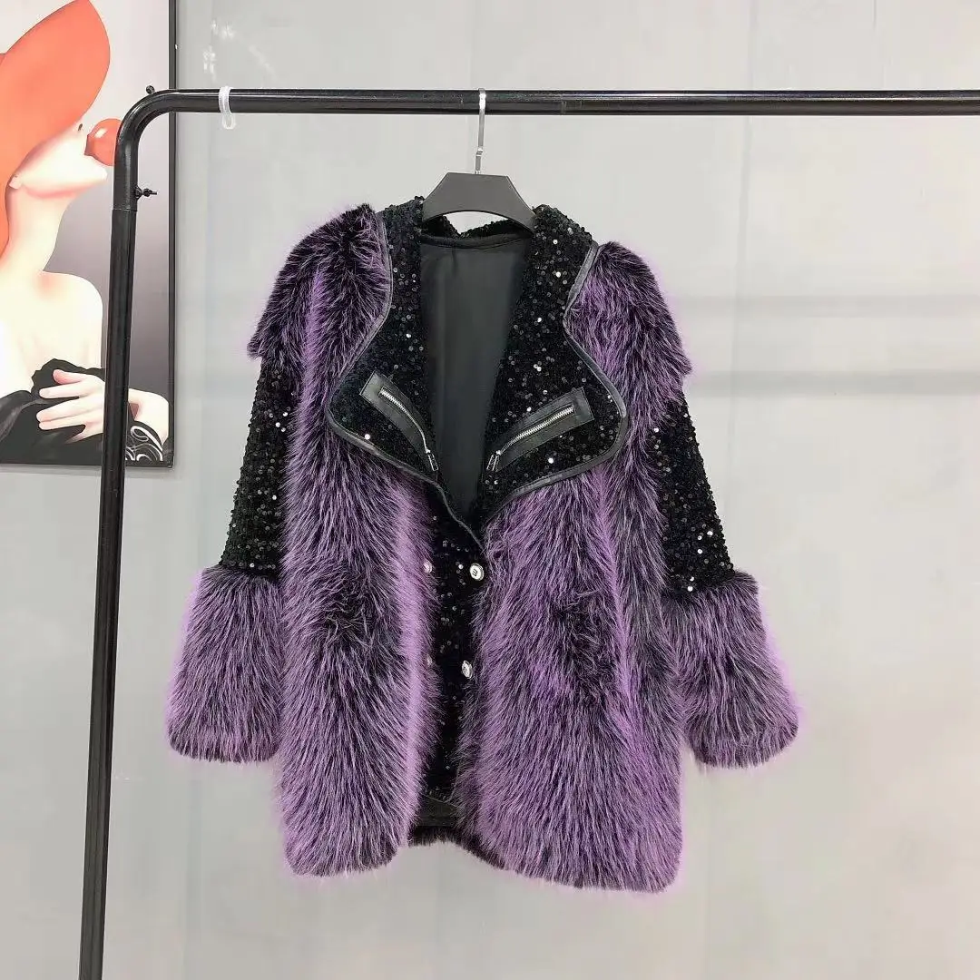 

2021 Winter Purple Loose Korean Fashion Fur Coat Women Casual Elegant Winter Overcoat Female Contract Color Plush Fur Coat