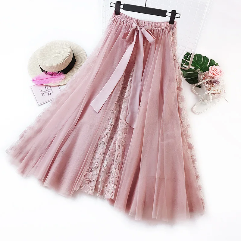 

Origin Supply New Style Net Red Skirt Bow Fairy Elegant Lace Big Skirt Holiday Wind Mesh Skirt