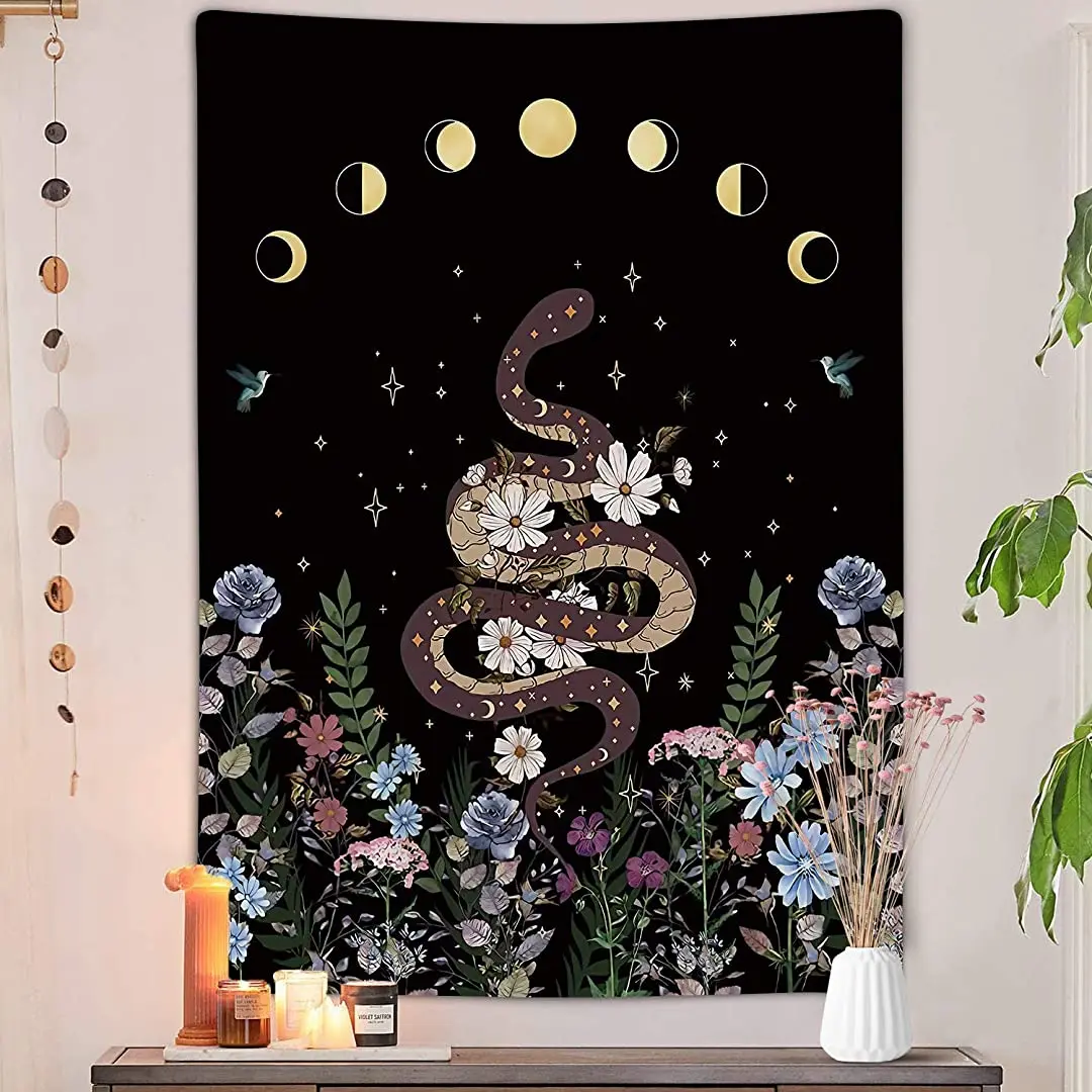 

Trippy Floral Moon Vertical Tapestry, Aesthetic Flower Black Witchy Tarot Decor Tapestry Wall Hanging for Bedroom, Nature Woman