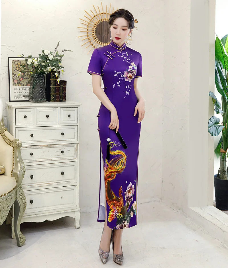 

Autumn Floral Phoenix Printed Satin Short Sleeve Long Qipao Elegant Sexy Mandarin Collar Cheongsam Size M-4XL