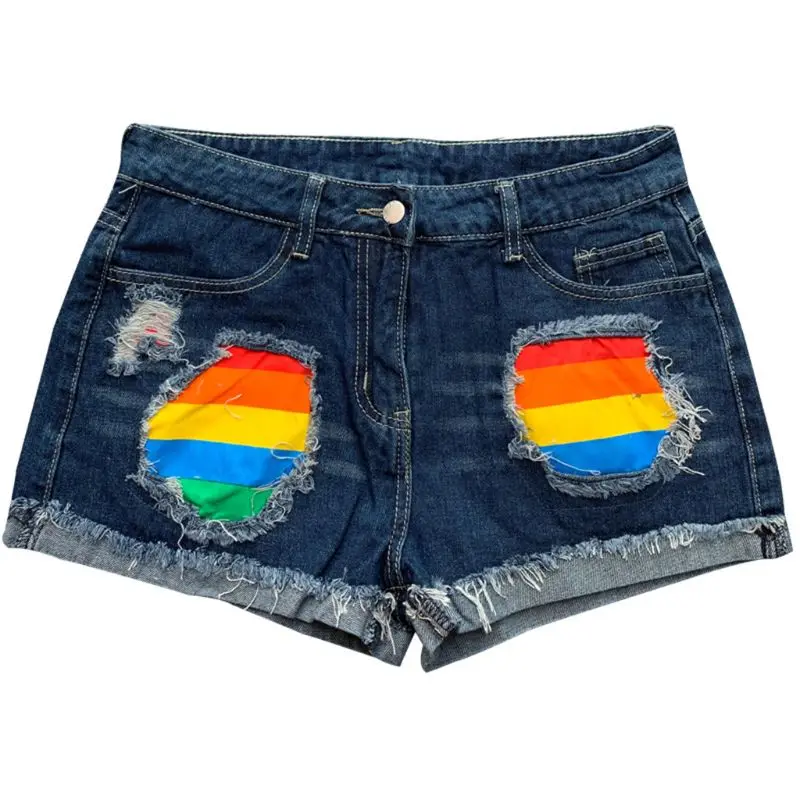 

Women Plus Size Summer Mid Waist Denim Shorts Distressed Ripped Hole Rainbow Striped Patchwork Hot Pants Slim Trousers