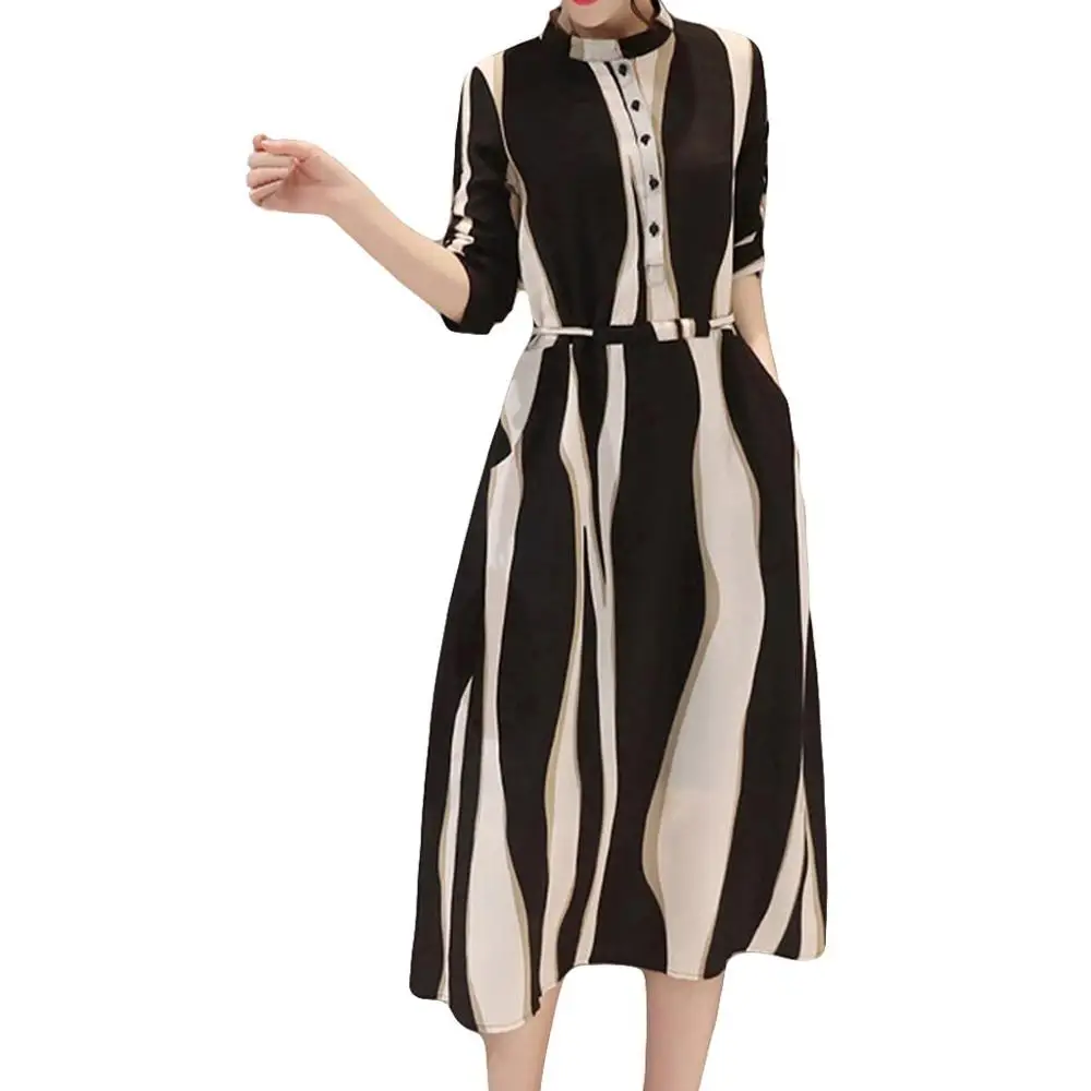 Black 20# модное женское платье в деловом стиле с поясом, круглым вырезом, коротким рукавом, длиной до колена, модная женская одежда - Цвет: Black