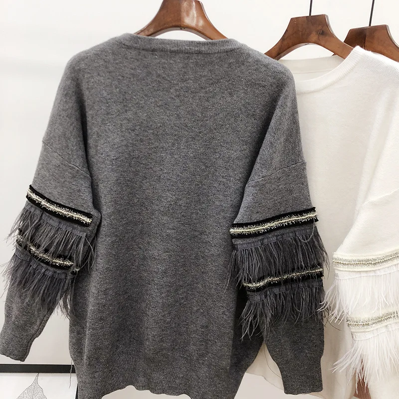 WHITNEY WANG Sweaters Autumn Winter Fashion Streetwear Feathers Patchwork Sweater Women Jumper sueter mujer invierno