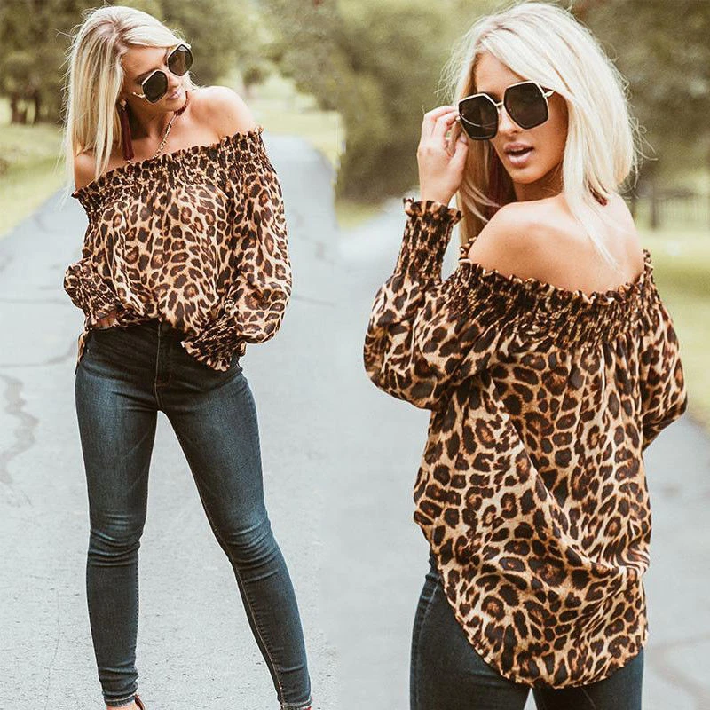 Women Leopard Print Long Sleeve Off Shoulder Loose Shirt Casual Blouse Tops