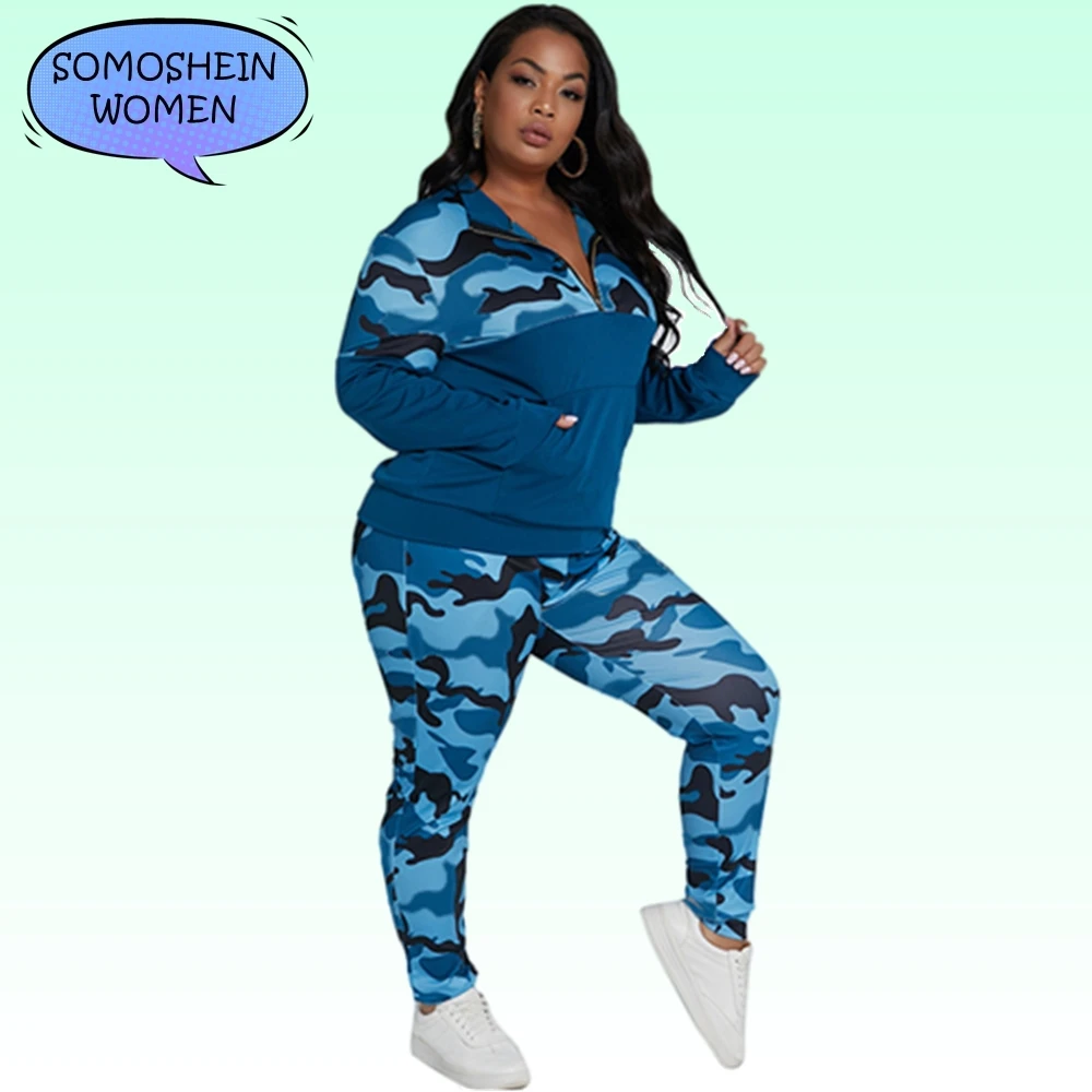 

Женская одежда большого размера Somoshein, осенняя одежда с длинным рукавом, комплект из двух предметов на молнии, модные комплекты с камуфляжны...