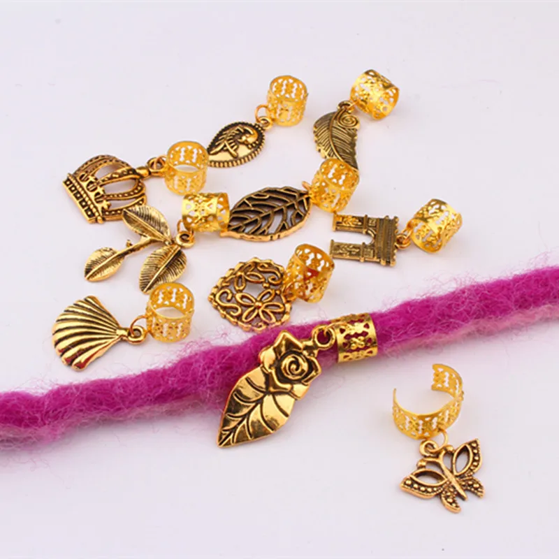 

3 Pcs Hair Braid Decor Vintage Golden Leaf Crown Pendant Viking Spiral Dreadlock Beads Hair Rings Tube Clips Hair Accessories