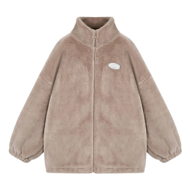 

MRWILK Velvet Thicker Women Basic Jackets Stand Lambswool Loose Zippers All-match Outwear Chic Korean Style Warm Solid Fashion