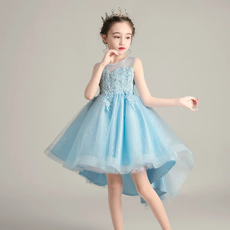 Детское платье для свадебной вечеринки HT020 голубое девочки бальное с аппликацией