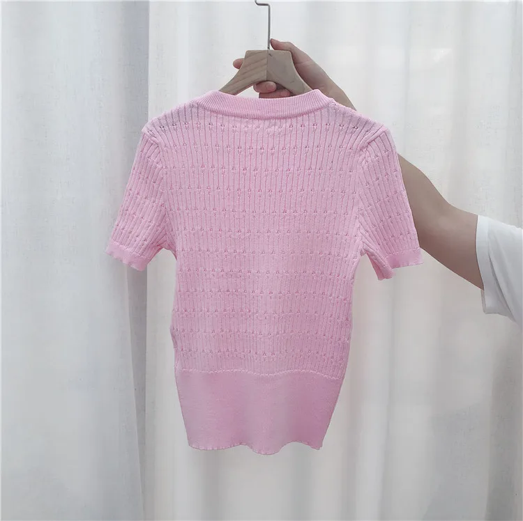 

Summer women T-shirt Knitted short sleeves Buttons Front Tees O-neck Pullovers Jumper Computer Knitted Sweaters Top For Female