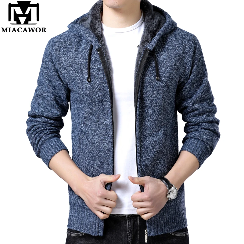 Мужской теплый шерстяной свитер MIACAWOR однотонный трикотажный на молнии с