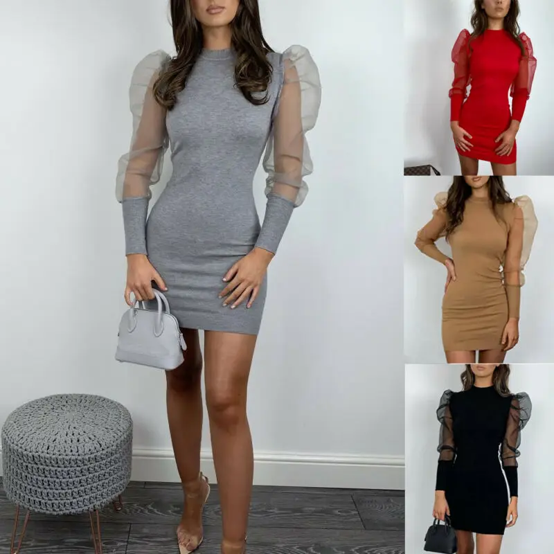 Женское трикотажное платье и Офисная Леди на пуговицах Рубашка с буфами рукавах