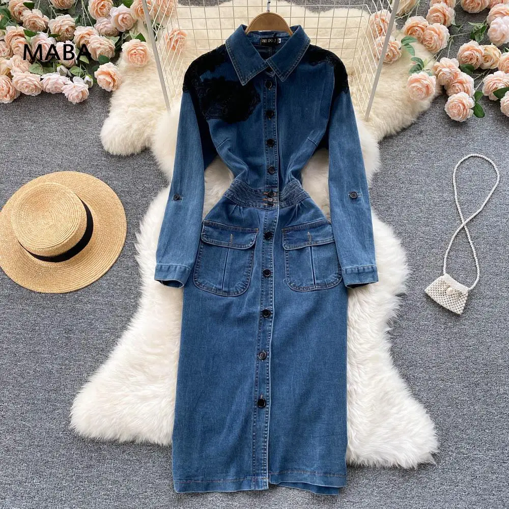 

Vintage Women Denim Bodycon Dress 2021 Autumn Turn Down Collar Blue Single Breasted Embroidery Elegant Bag Hip Pencil Long Dress