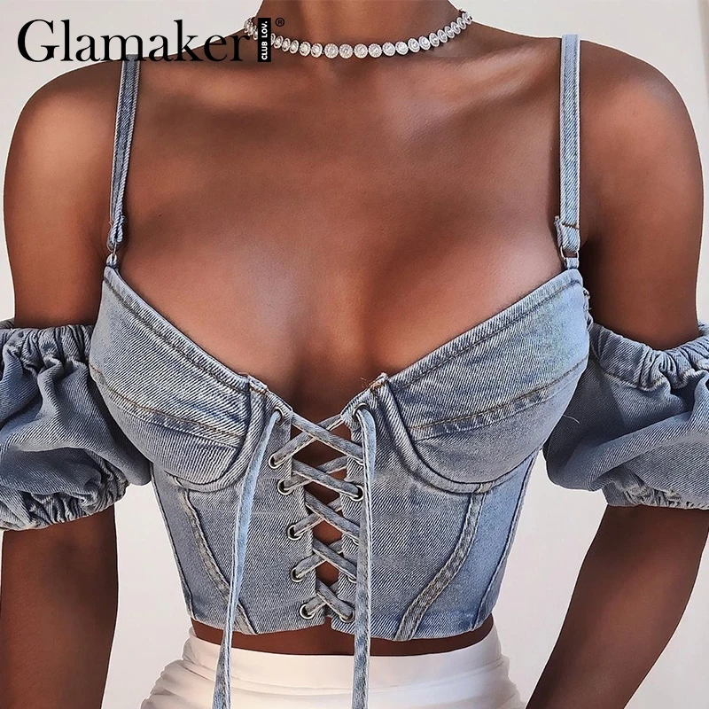 Glamaker Сексуальная джинсовая женская блузка Женский Топ Женская кружевная элегантная рубашка с пышными рукавами осенняя синяя Зимняя Блузка укороченная рубашка