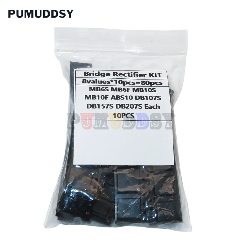 8 значений * 10 шт. = 80 шт. мостовой выпрямитель, в ассортименте набор содержит pumuddsy MB6S MB6F MB10S MB10F ABS10 DB107S DB157S DB207S
