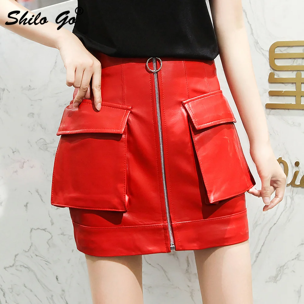 

Safari Style High Waist Zipper Detail Plus Pockets A Line Hot Skirts Women Casual Genuine Leather Mini Skirt Sheepskin Skirt