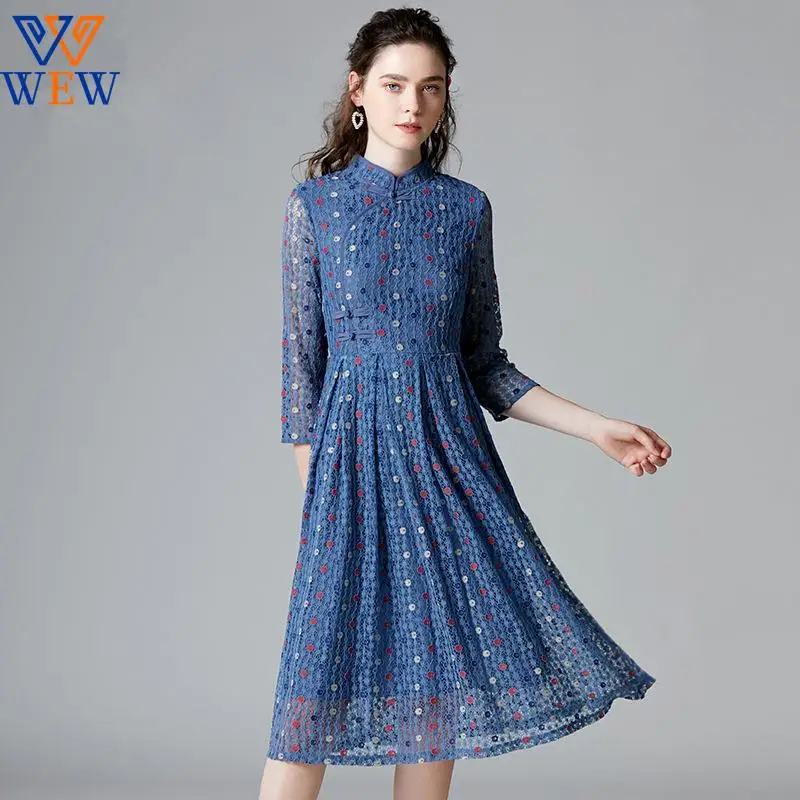 

2021 Autumn winter new arrival Chinese style women dress plus size mandarin collar a line three quarter party leisure lace dress