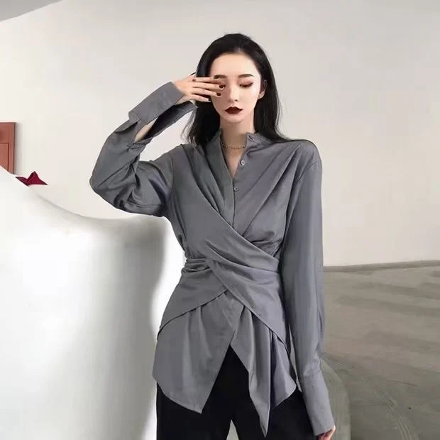 

Smart design chic shirt women's 2021 Korean version ins super fire BF loose irregular slim long sleeve top
