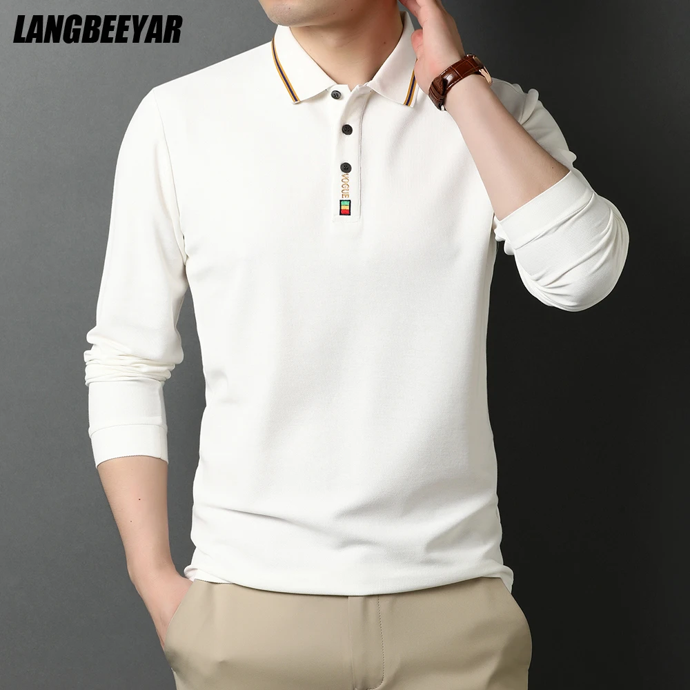 Мужские рубашки поло с длинным рукавом белые повседневные топы отложным