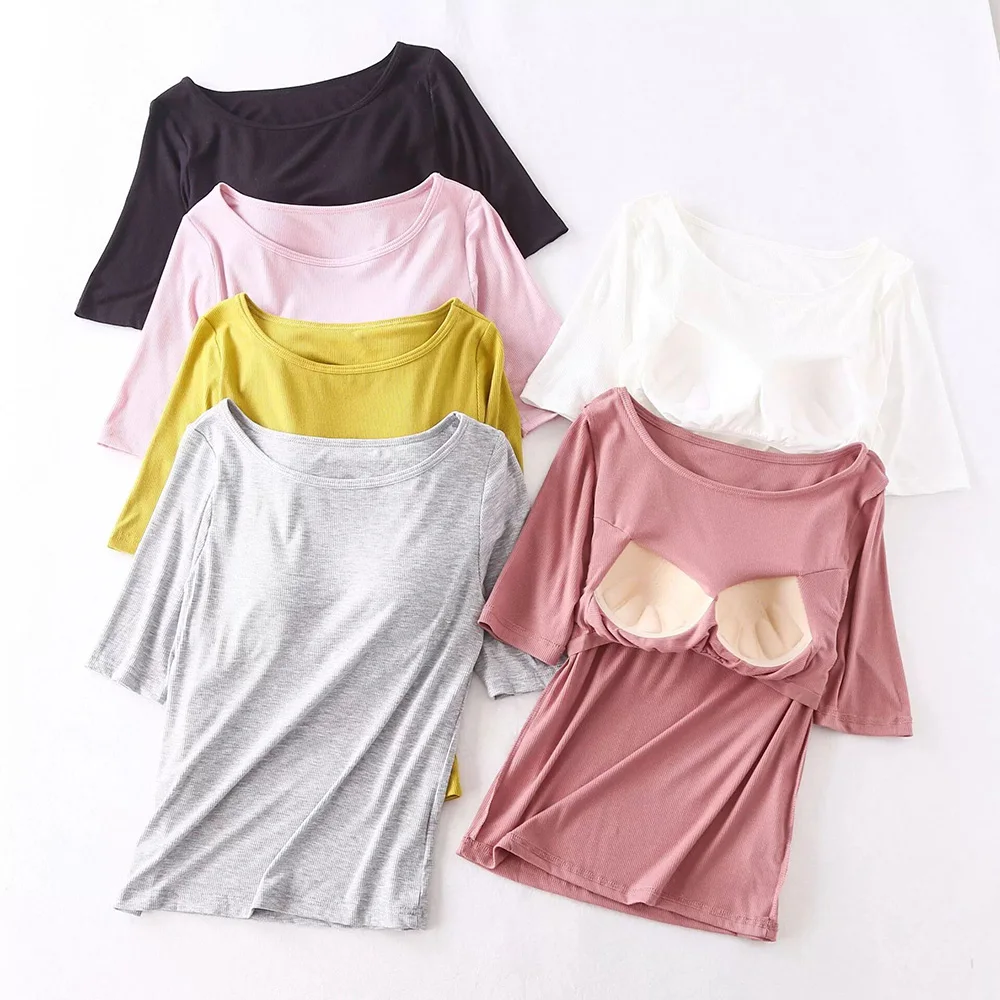 

Modal Built in Padded Bra T-shirt Women's Short Sleeve Gym Clothing Female Loose Sports Shirt Tops Yoga Top Tees Corset Top