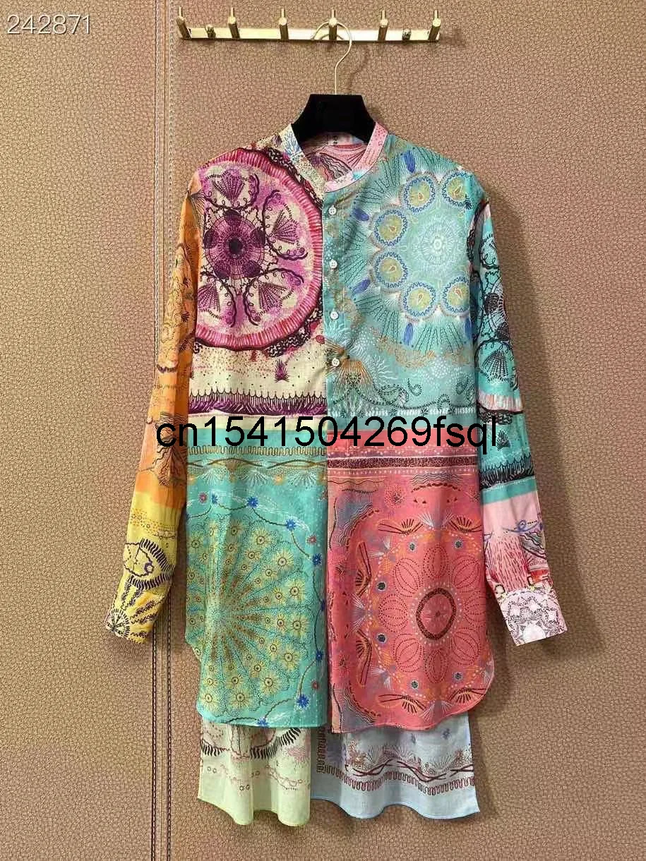 

New Shirts 2021 Autumn Runway Fashion Print Office Long Sleeves Single Breasted Ladies Party Elegant Long Asymmetrical Blouse