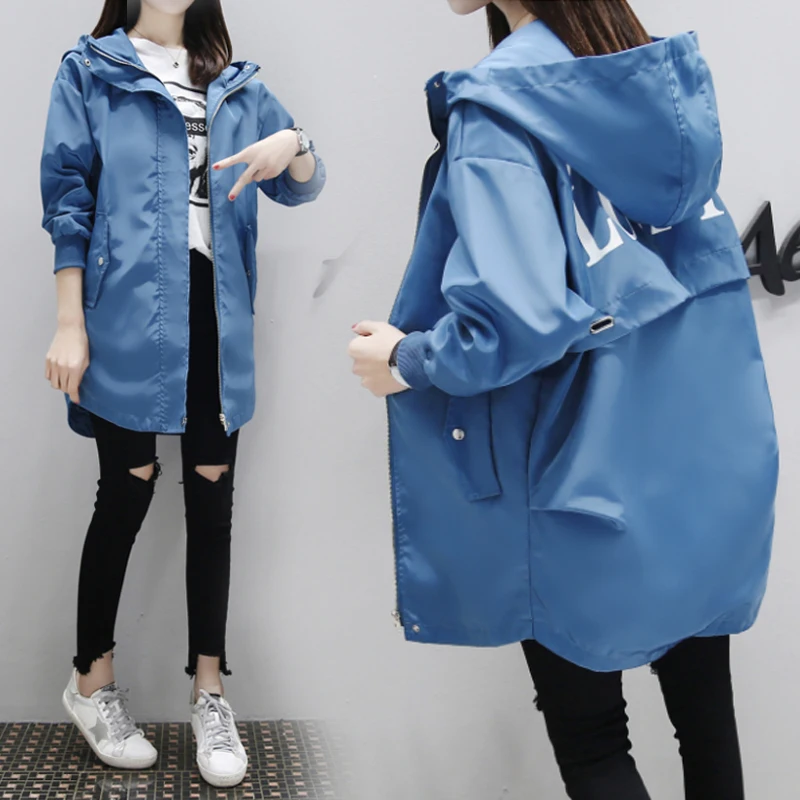 

Trench Coat Women 2021 Korea Casual Long Sleeved Hooded Female Fashion 4 Colors Letter Printed Loose Windbreaker Autumn Outwear