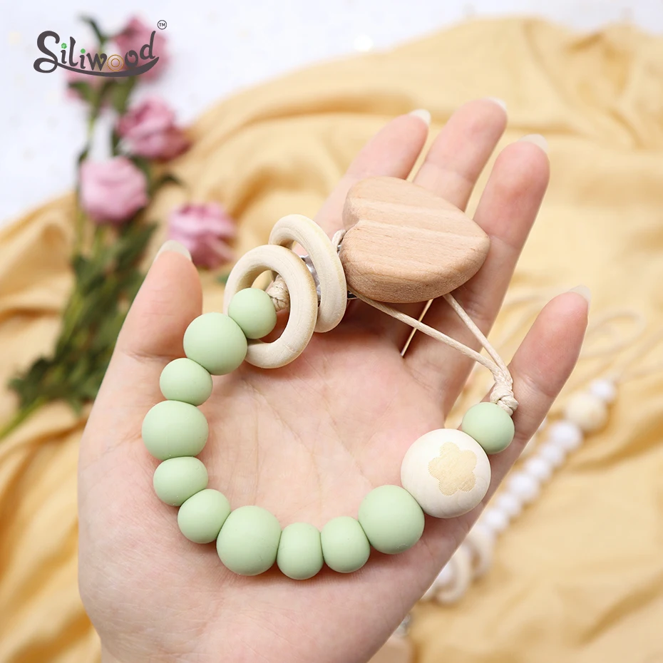 Clips de coraz&oacute;n para chupete, cadena de madera, anillo de cuentas de silicona sin BPA, soporte para chupete, cadenas para chupete, juguetes para dentici&oacute;n de beb&eacute;, Clips para pezones-5