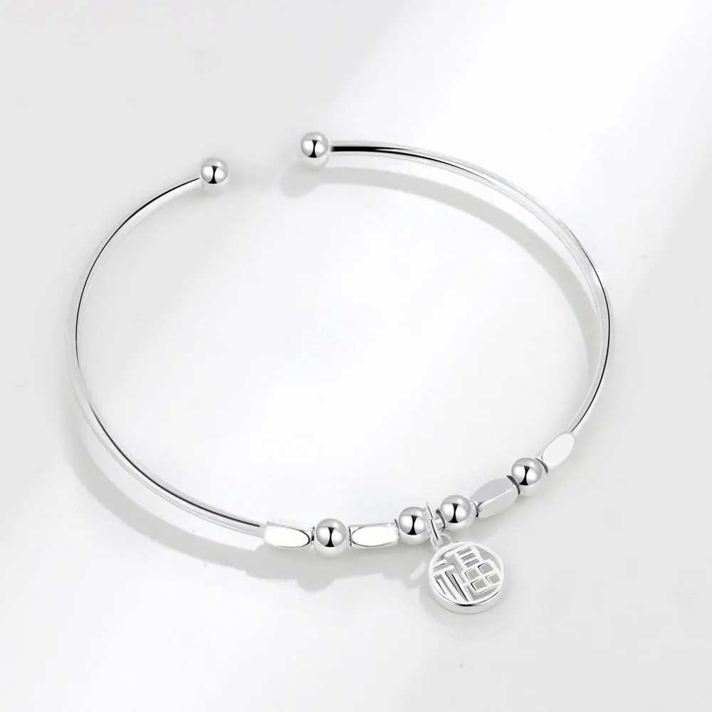 

LIVVY Silver Color Bead Bracelet for Women Round Chinese Character Fu Wealth Luck Health Love Wedding Jewelry