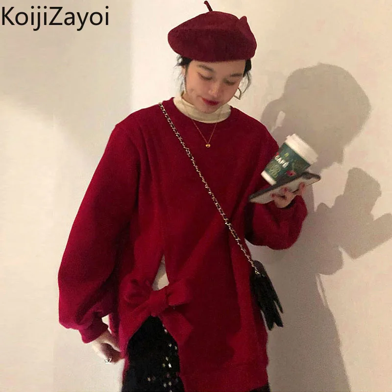 

Koijizayoi Fashion Solid Long Sleeve Hoodies Women Casual O Neck Bow Sweatshirt Loose Oversize Split Pullover Top Autumn Clothes
