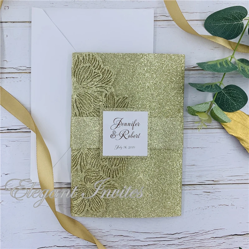 

Elegant Flower Glitter Champagne Wedding Invitations Laser Cutting Card for Wedding Hollow Birthday Party Invite Greeting