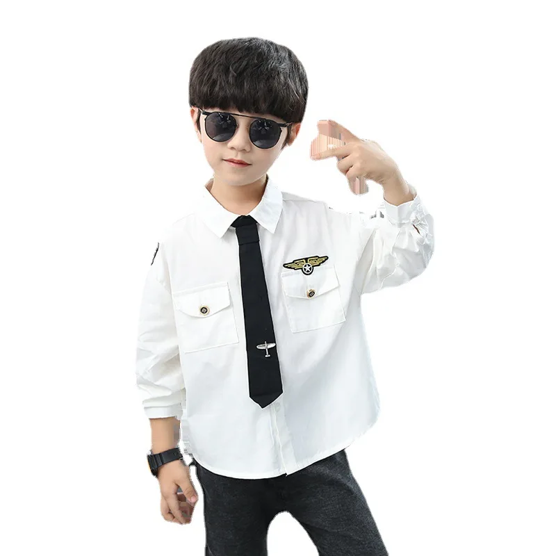 

Kids Boys captain cotton shirt new spring / autumn big virgin lapel long-sleeved shirt 4-12 years old