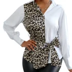 Женская леопардовая блузка с длинным рукавом, облегающая блузка в стиле пэчворк с леопардовым принтом и бантом на талии, модные топы и рубашки в офисном стиле на пуговицах, весна-осень