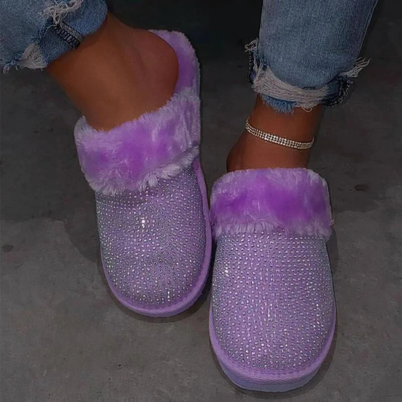 

Winter Warm Fur Slippers Women Rhinestone Bling Plush Indoor Slippers House Shoes Soft Slip On Flat Slides Zapatilla Mujer