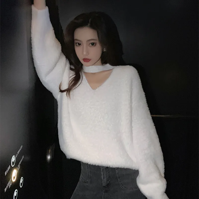 

Design Sense Autumn And Winter New Plus Size Loose V-Neck Halter Long Sleeve Print Patchwork Solid Color Knitted Sweater Women