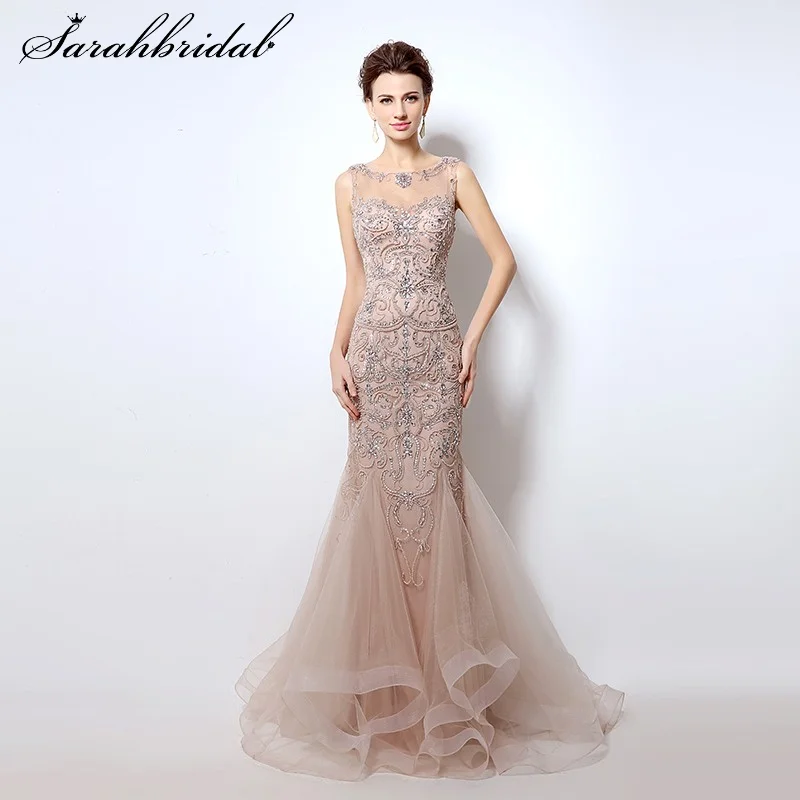 

Elegant Evening Gown Scoop Sleeveless Illusion Sexy Back Party Dress Women Sequins Beaded Crystal Trumpet Robe De Soiree LX006