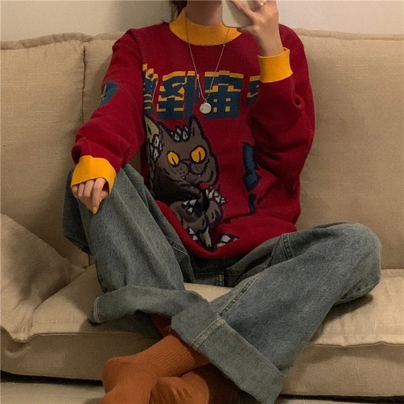 Свитер женский вязаный с вышивкой в стиле харадзюку | Женская одежда