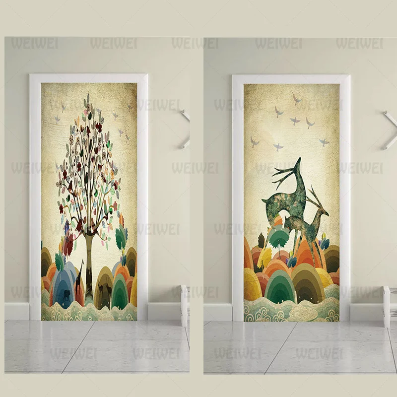 

Abstract Silhouette Door Sticker Elk Giraffe Home Decoration Waterproof Self-Adhesive Door Decal Flying Bird Retro 2-Pieces Set
