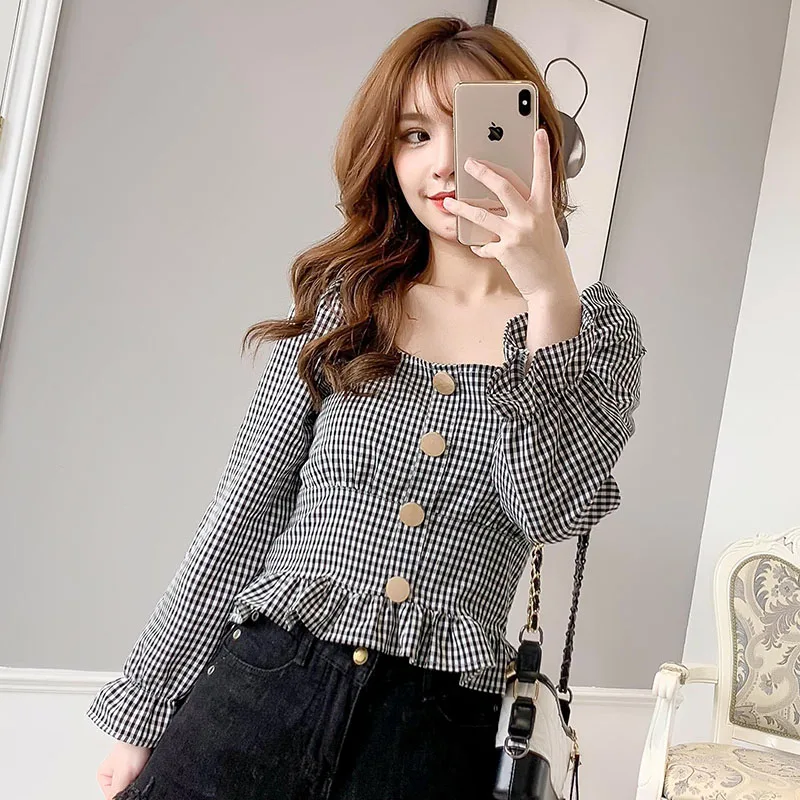 long sleeve black Летняя винтажная клетчатая блузка для женщин с квадратным воротником и пышными рукавами, женские короткие топы размера плюс, блузки, рубашки, женская рубашка - Цвет: long sleeve black