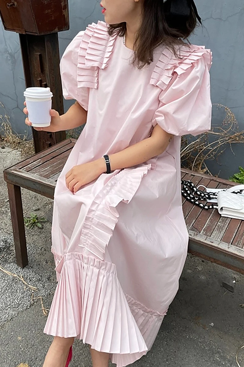 

2021 Spring and Summer Korean Fashion Casual Loose Irregular Puff Sleeve Dress Elegant Temperament Ruffled Irregular Women Dress