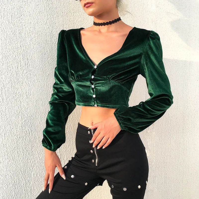 Женская бархатная однобортная Футболка темно-зеленая футболка с V-образным