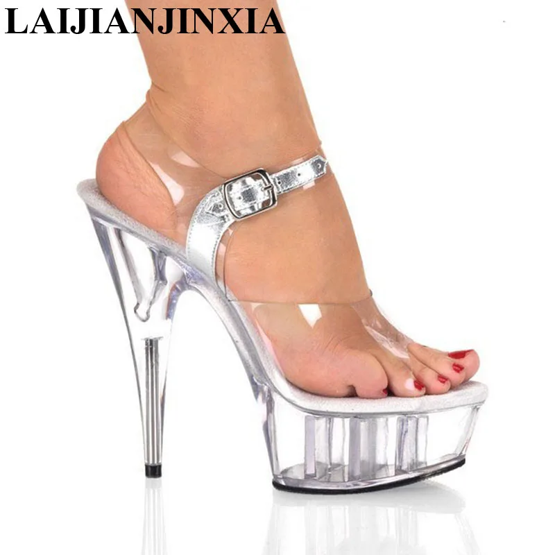 LAIJIANJINXIA/пикантные прозрачные босоножки на платформе и высоком каблуке 15 см