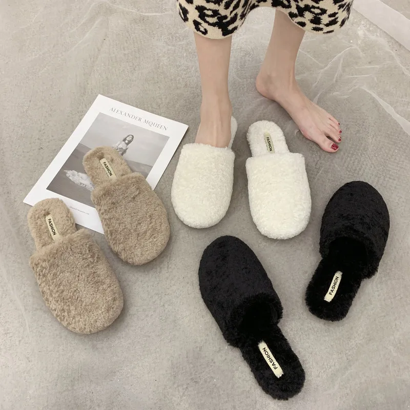 

Fur Heels Velvet Shoes Shallow Mouth Flat Sandals 2021 Women's All-Match Suede Without Outside Low Closed Fashion New Girls Slip