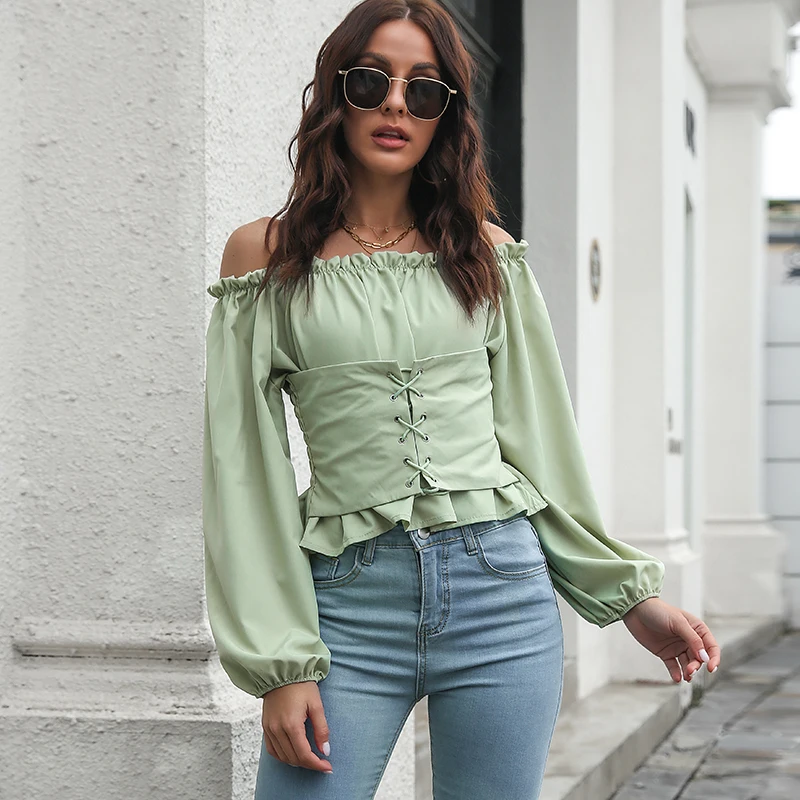 

White Chiffon Blouse Women Off Shoulder Belts Bandage Shirts Tops Female Fashion Sexy Lantern Long Sleeve Blouses Femme Blusa