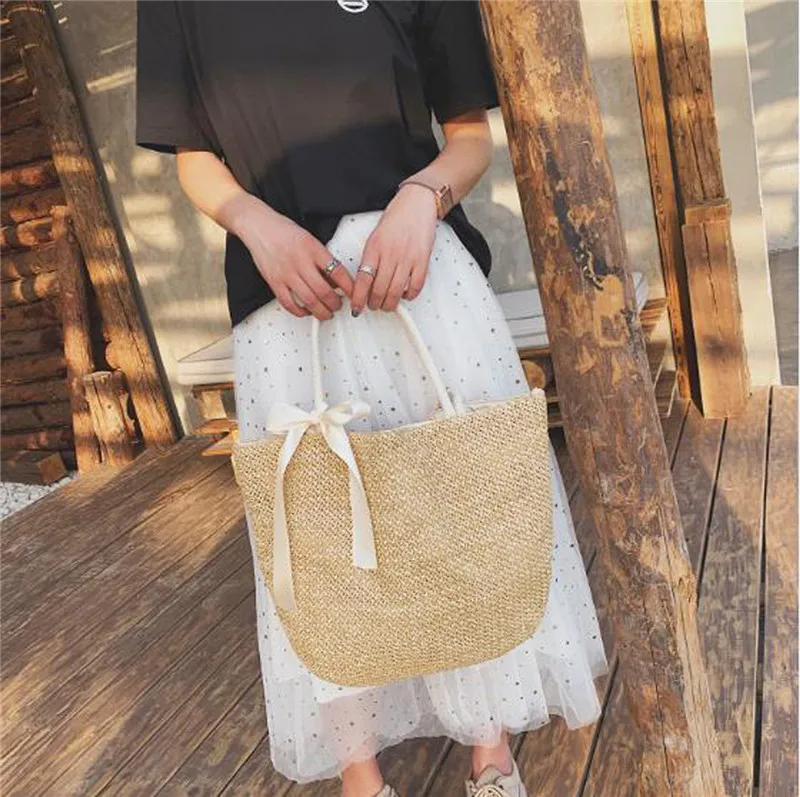 

New Women Summer Straw Weave Shoulder Shopping bag Beach Holiday Bag Tote Lady Bow Casual Wicker Bucket Handbag Girl Large Purse