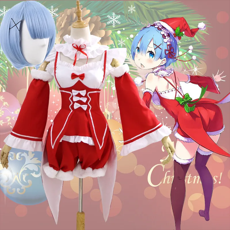

Japanese Anime Cosplay Costumes Re:Life In A Different World From Zero Rem Christmas Dress Uniform Short Blue Wig and Wigs Cap