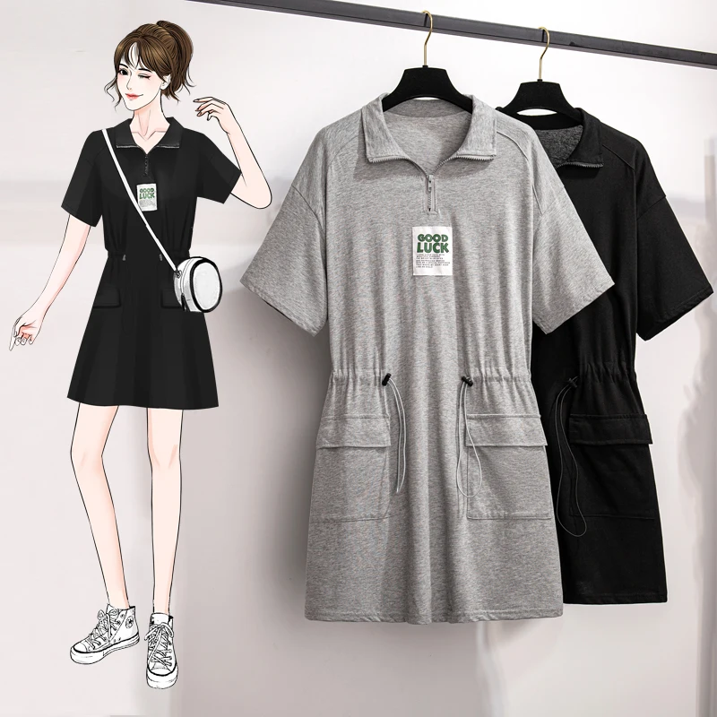 EHQAXIN Summer Women's Dress Fashion Zipper Lapel Short Sleeve Drawstring Dress With Pocket Casual Sports Style L-4XL