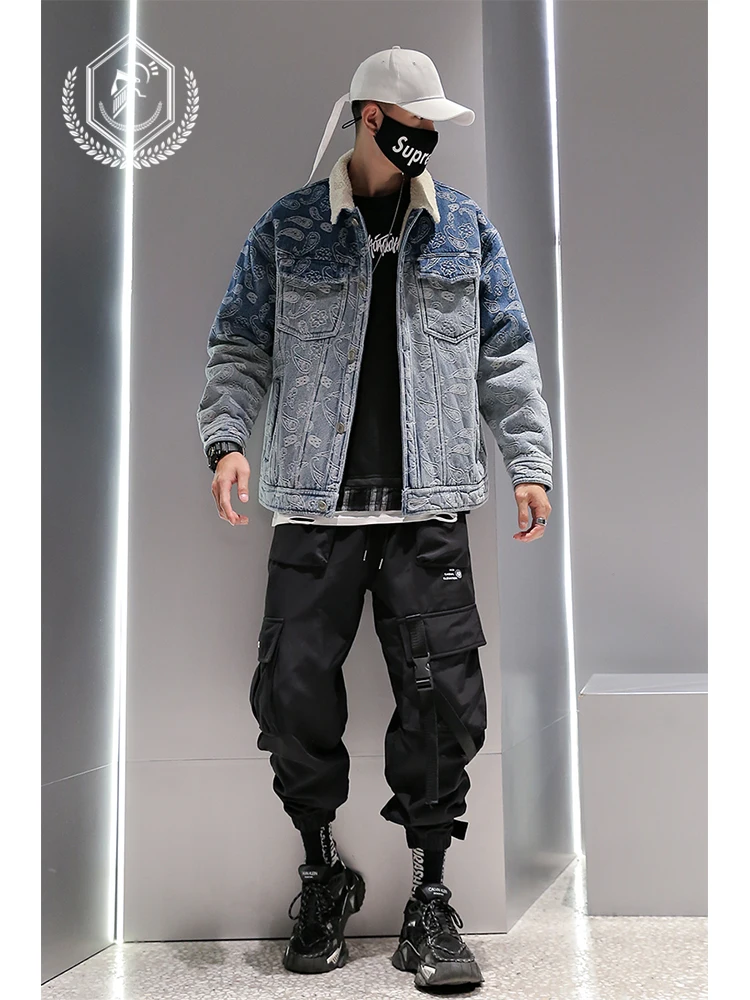 Golomise Men Fashion Loose Embroidery Fleece Heavyweight Denim Jacket Casual Pockets Hip Hop Parkas Coat | Мужская одежда