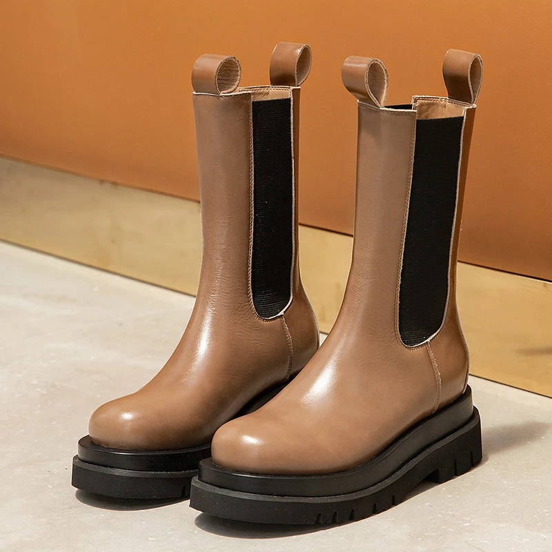 

Mobetty Mid-calf Platform Matin Boots Thick Bottom Genuine Leather Women Boots Elastic Band Slip-on Short Boots Botas Feminina