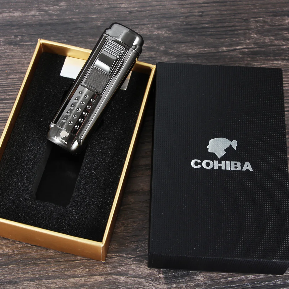 COHIBA Черный 4 красный фонарь реактивного огня ветрозащитная Зажигалка для сигар классический кубинский многоразового пламени зажигалки зажигалка встроенный перфоратор дрель