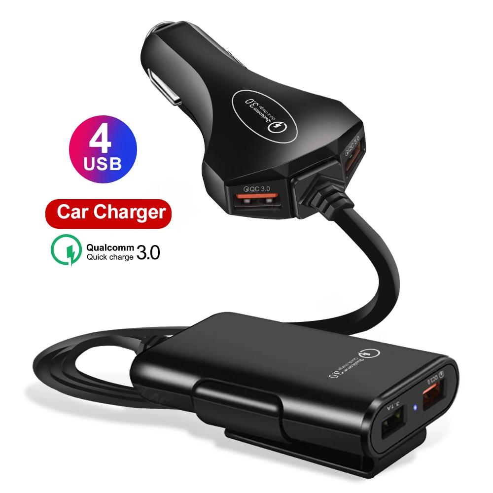 Автомобильное зарядное устройство с 4 usb-портами, быстрая зарядка 3,0, автомобильное зарядное устройство с кабелем 1,7 м для планшета, смартфона iPhone X 8 7, расширенный адаптер QC 3,0